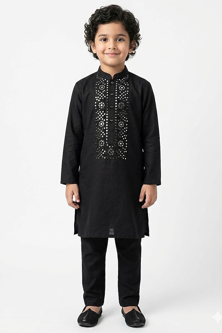 Black Cotton Silk Mirror Embellished Kurta Set For Boys by Ankit V kapoor Kids at Pernia's Pop Up Shop