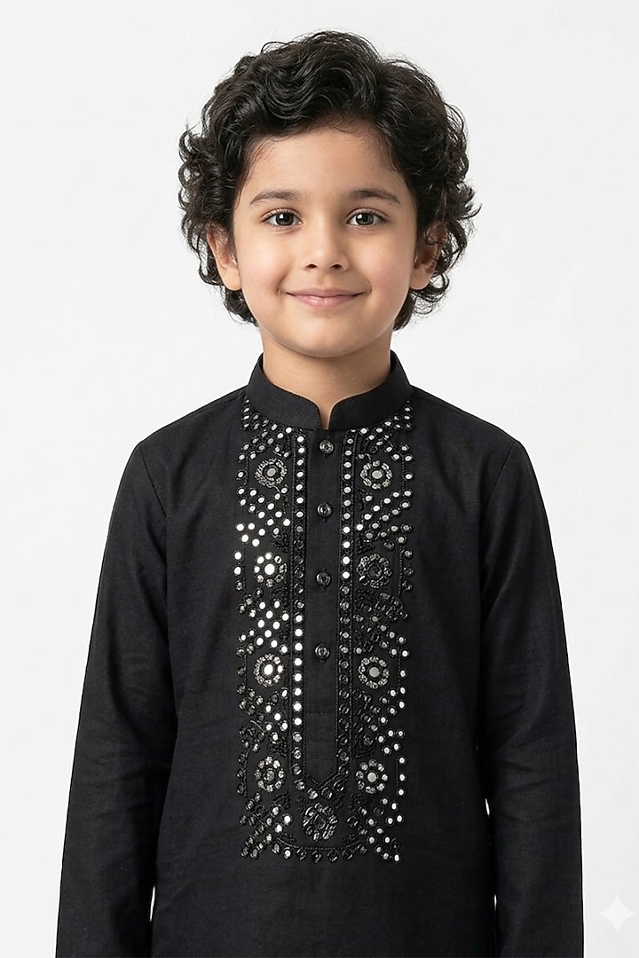 Black Cotton Silk Mirror Embellished Kurta Set For Boys by Ankit V kapoor Kids at Pernia's Pop Up Shop