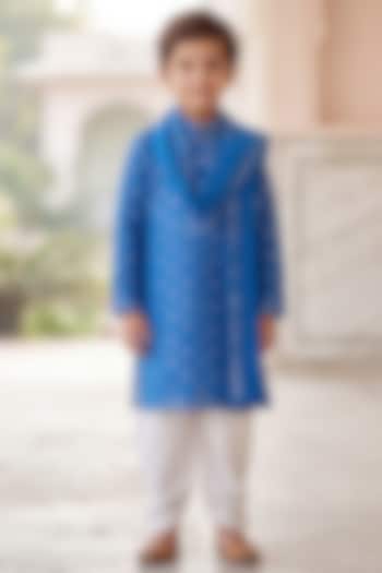 Royal Blue Cotton Silk Chikankari Work Kurta Set For Boys by Ankit V kapoor Kids at Pernia's Pop Up Shop