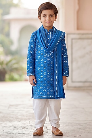 Royal Blue Cotton Silk Chikankari Work Kurta Set For Boys by Ankit V kapoor Kids
