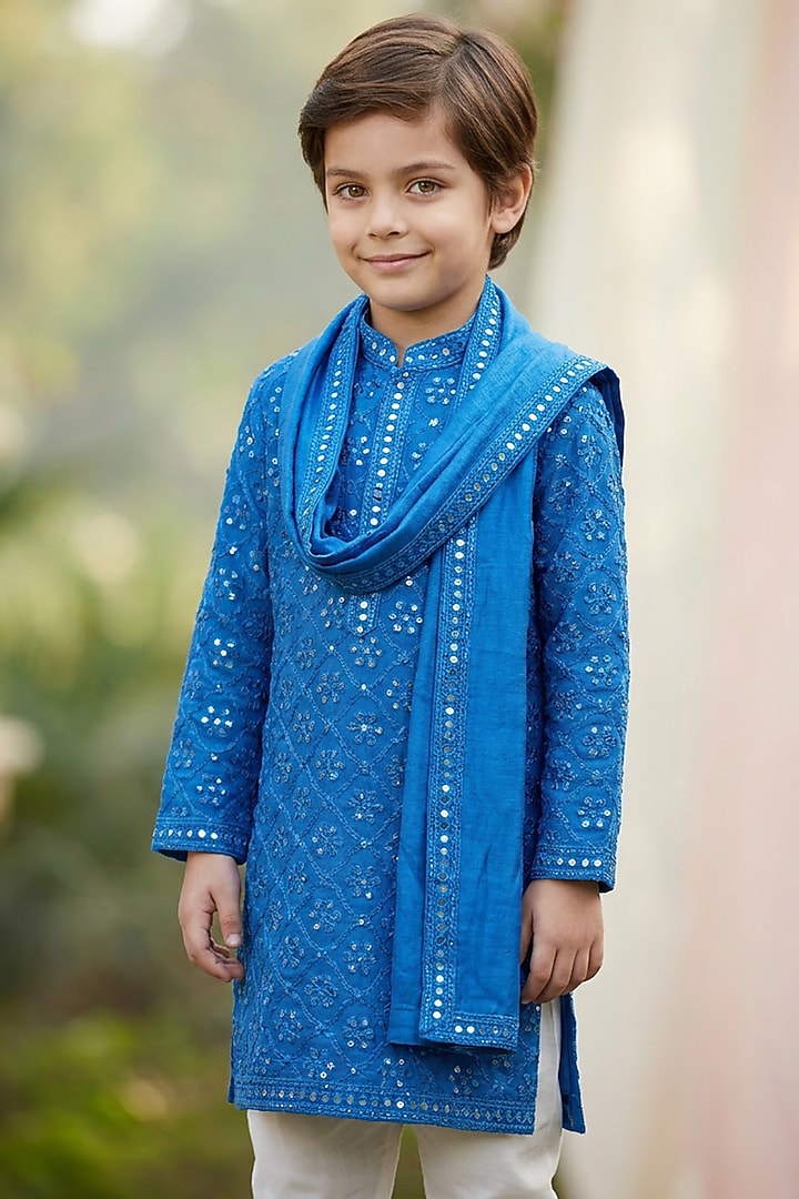 Royal Blue Cotton Silk Chikankari Work Kurta Set For Boys by Ankit V kapoor Kids at Pernia's Pop Up Shop