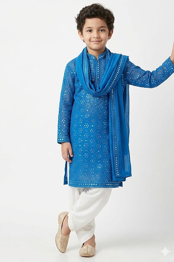 Royal Blue Cotton Silk Chikankari Work Kurta Set For Boys by Ankit V kapoor Kids at Pernia's Pop Up Shop
