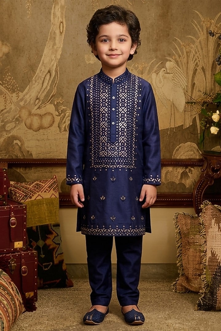 Navy Blue Cotton Silk Embroidered Kurta Set For Boys by Ankit V kapoor Kids at Pernia's Pop Up Shop