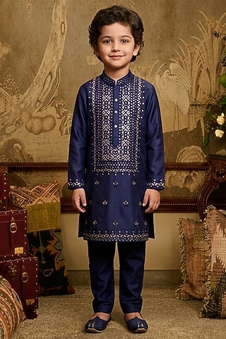 Navy Blue Cotton Silk Embroidered Kurta Set For Boys by Ankit V kapoor Kids