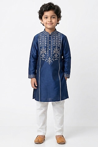 Navy Blue Cotton Silk Floral Embroidered Kurta Set For Boys by Ankit V kapoor Kids