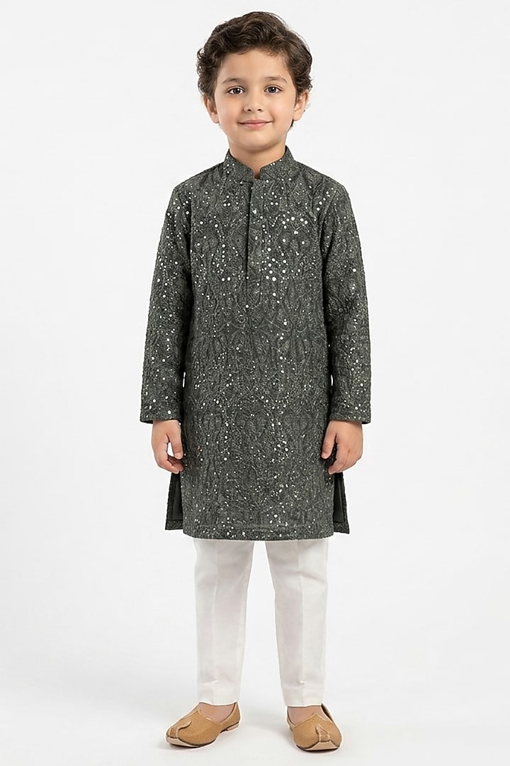 Olive Green Cotton Silk Sequins Embellished Kurta Set For Boys by Ankit V kapoor Kids at Pernia's Pop Up Shop