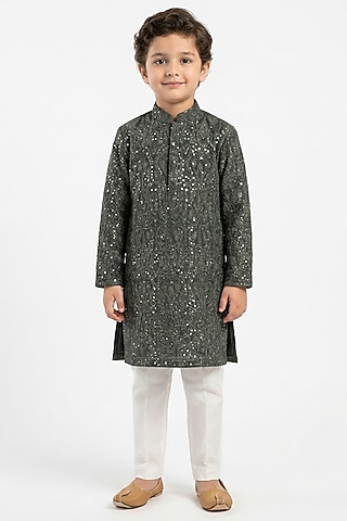 Olive Green Cotton Silk Sequins Embellished Kurta Set For Boys by Ankit V kapoor Kids