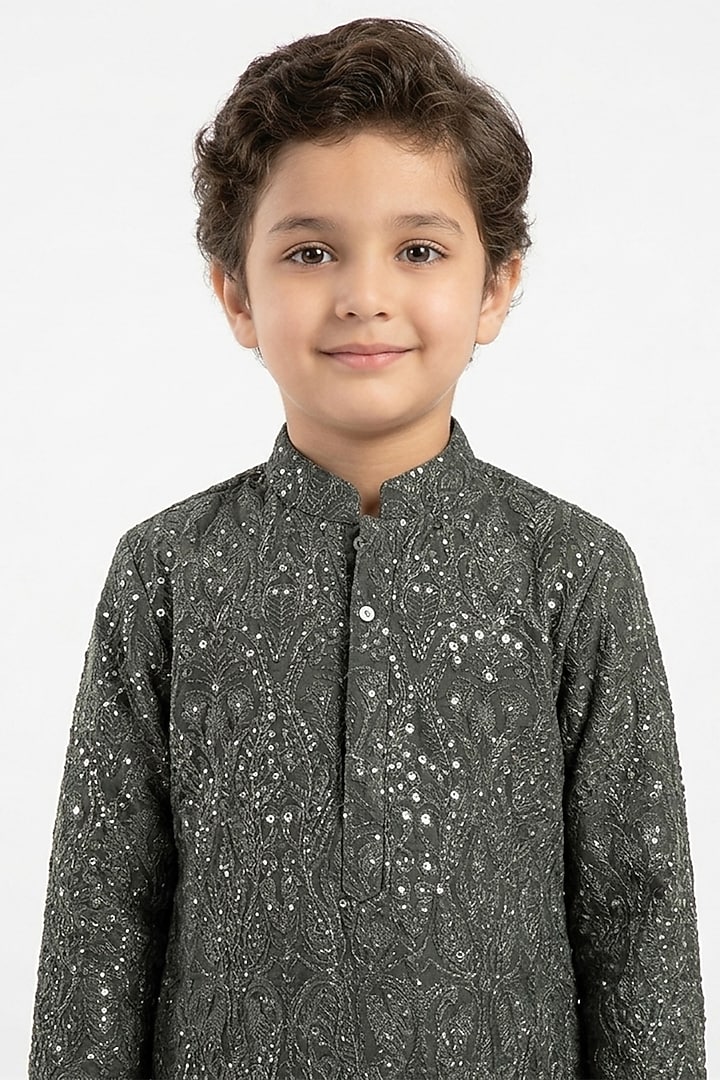 Olive Green Cotton Silk Sequins Embellished Kurta Set For Boys by Ankit V kapoor Kids at Pernia's Pop Up Shop