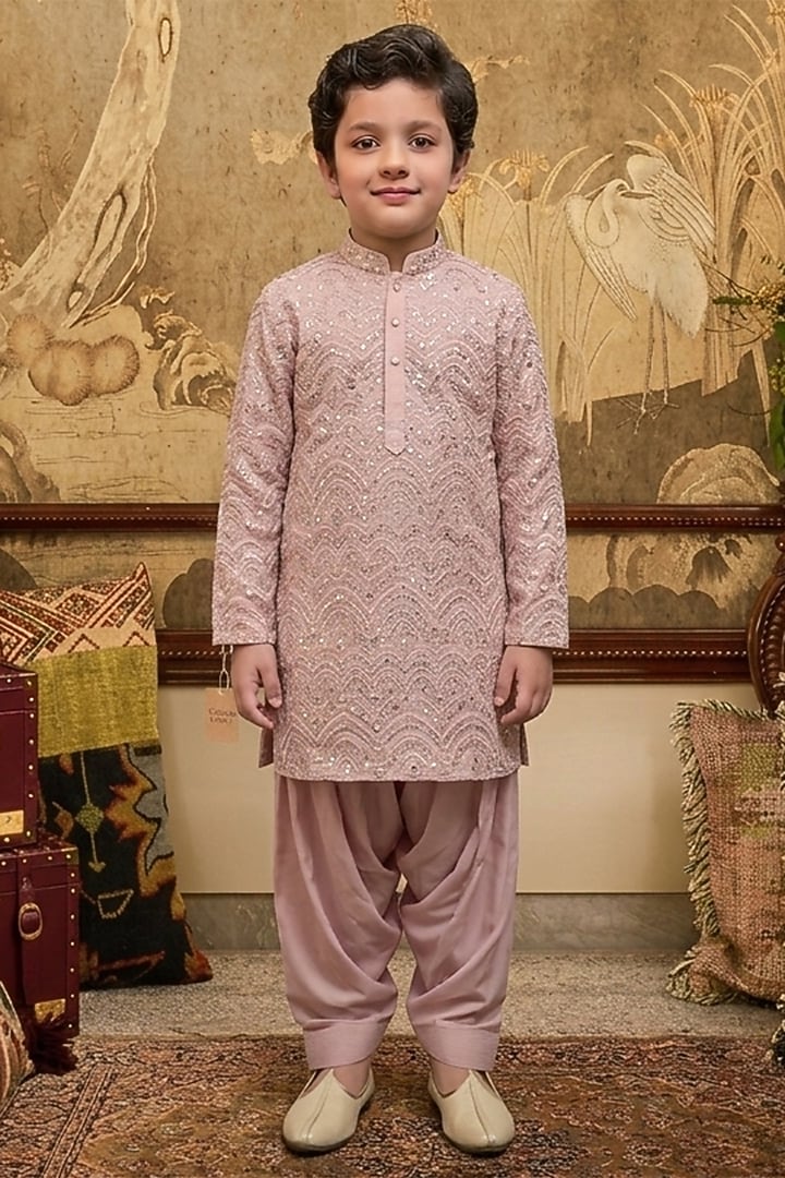 Blush Pink Cotton Silk Chikankari Embroidered Kurta Set For Boys by Ankit V kapoor Kids at Pernia's Pop Up Shop