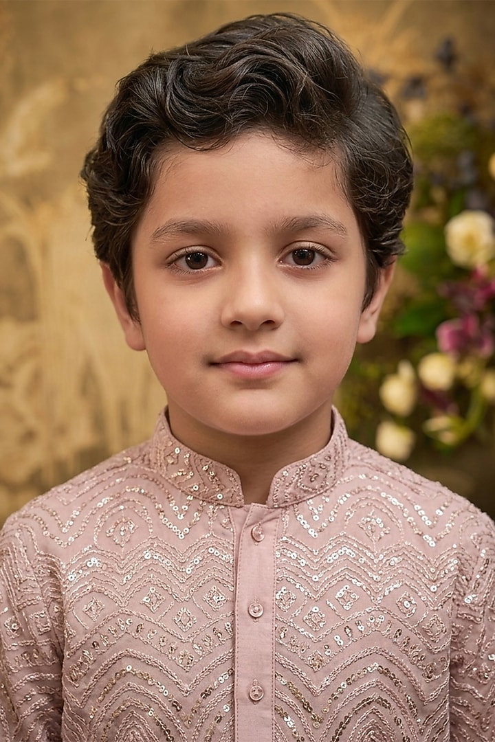 Blush Pink Cotton Silk Chikankari Embroidered Kurta Set For Boys by Ankit V kapoor Kids at Pernia's Pop Up Shop