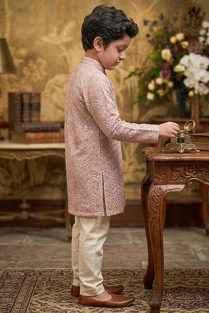 Blush Pink Cotton Silk Chikankari Embroidered Kurta Set For Boys by Ankit V kapoor Kids at Pernia's Pop Up Shop