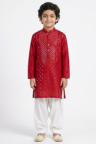 Red Cotton Silk Mirror Work Kurta Set For Boys by Ankit V kapoor Kids