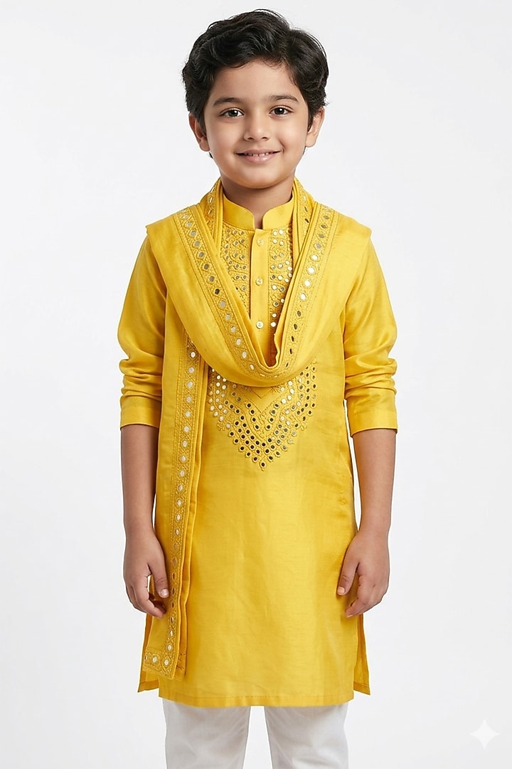 Yellow Cotton Silk Mirror Embroidered Kurta Set For Boys by Ankit V kapoor Kids at Pernia's Pop Up Shop