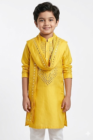 Yellow Cotton Silk Mirror Embroidered Kurta Set For Boys by Ankit V kapoor Kids