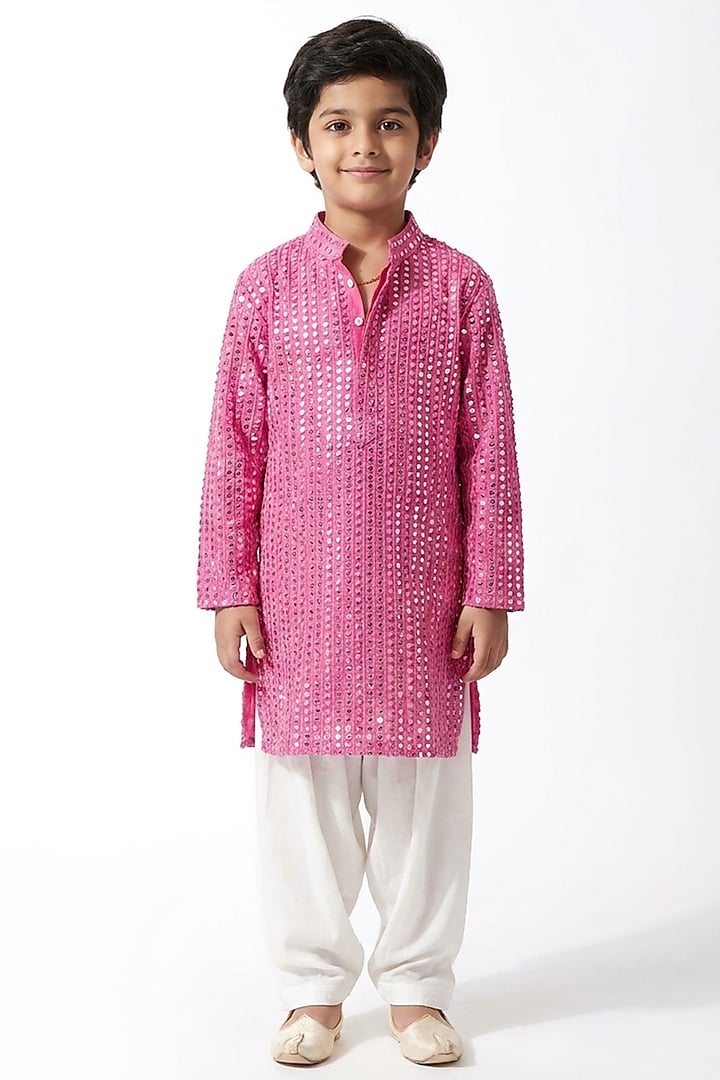 Blush Pink Cotton Silk Sequin Embellished Kurta Set For Boys by Ankit V kapoor Kids at Pernia's Pop Up Shop
