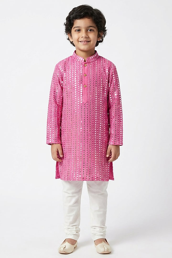 Blush Pink Cotton Silk Sequin Embellished Kurta Set For Boys by Ankit V kapoor Kids at Pernia's Pop Up Shop
