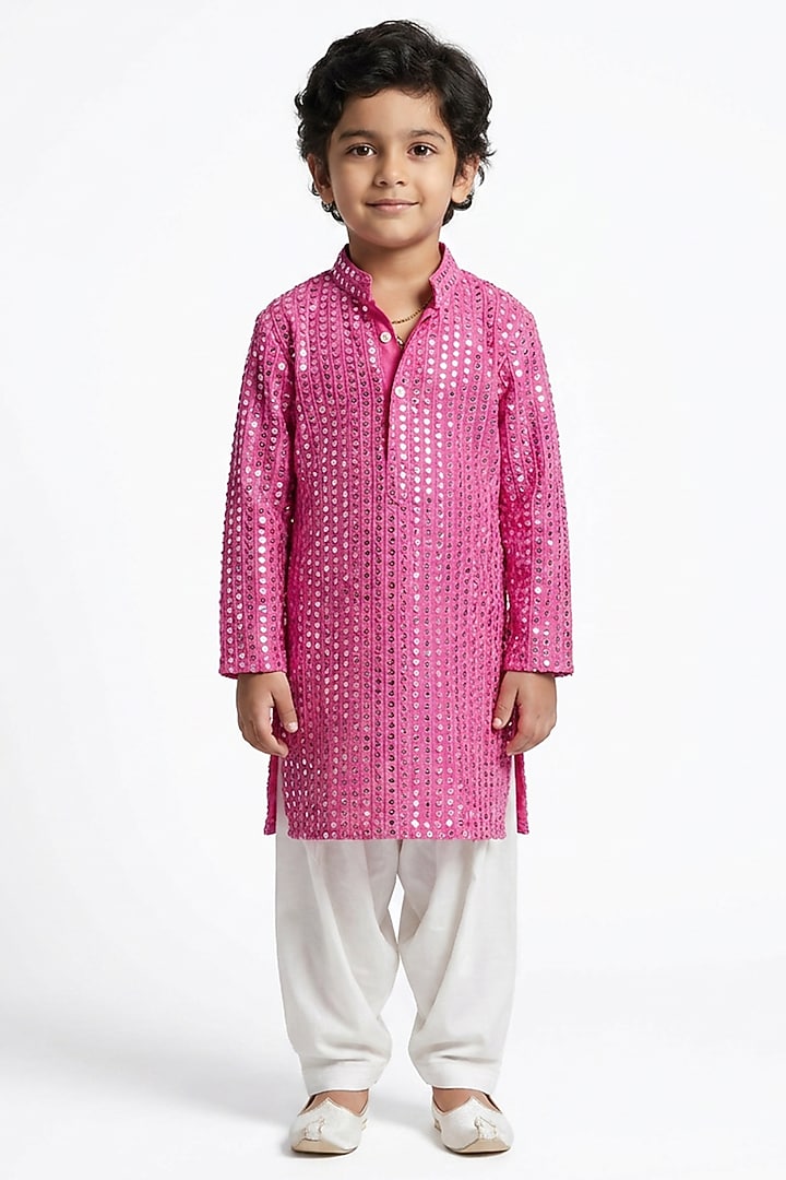 Blush Pink Cotton Silk Sequin Embellished Kurta Set For Boys by Ankit V kapoor Kids at Pernia's Pop Up Shop
