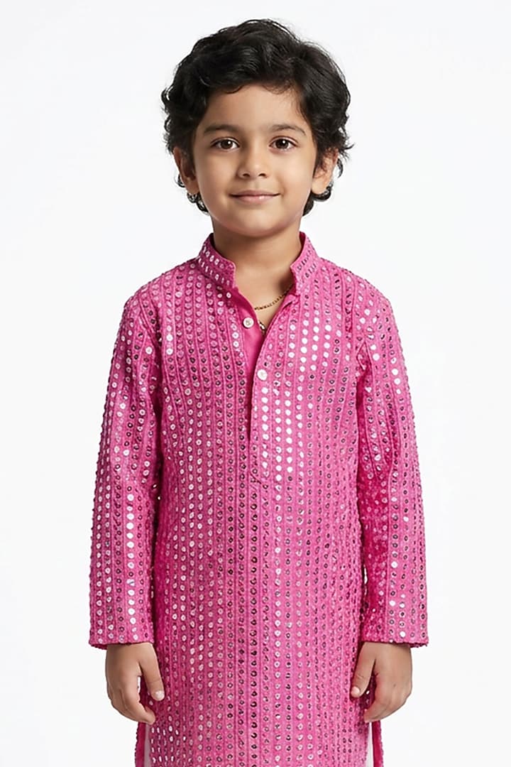 Blush Pink Cotton Silk Sequin Embellished Kurta Set For Boys by Ankit V kapoor Kids at Pernia's Pop Up Shop