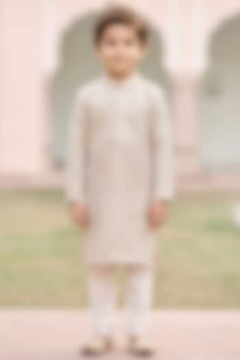 Ivory Cotton Silk Mirror Embellished Kurta Set For Boys by Ankit V kapoor Kids at Pernia's Pop Up Shop