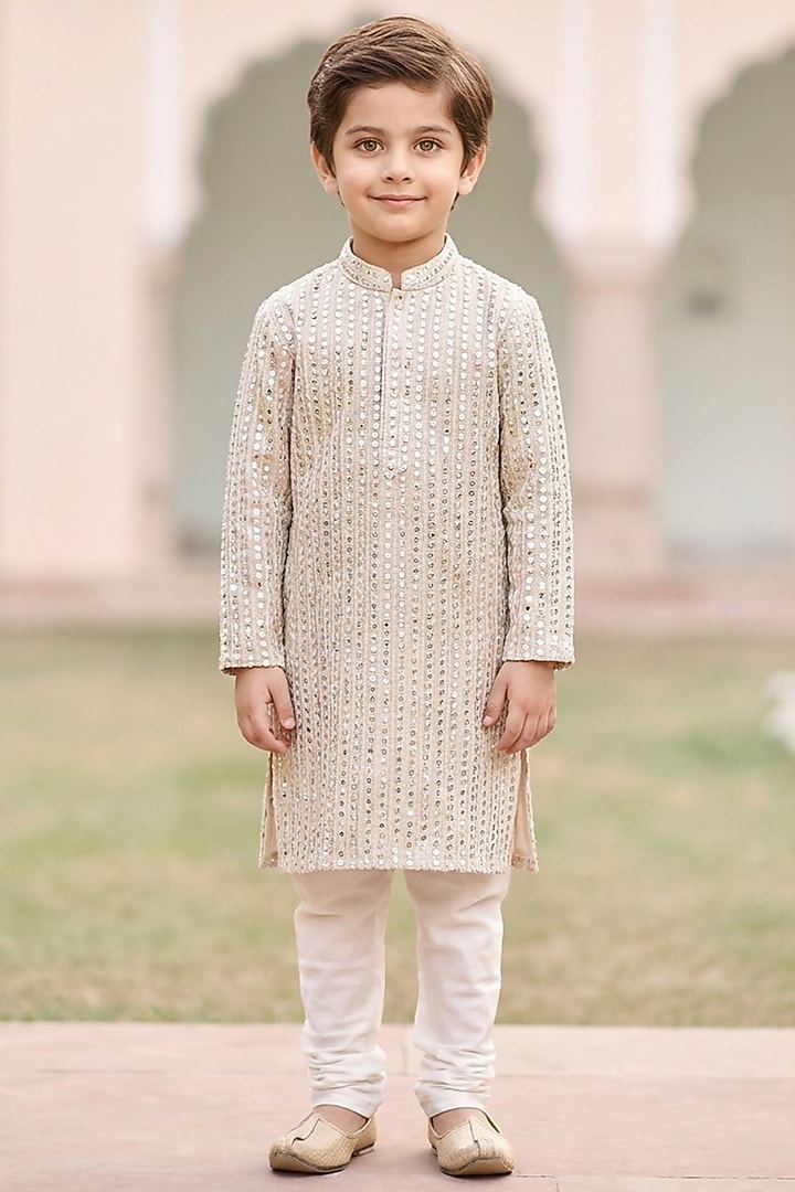 Ivory Cotton Silk Mirror Embellished Kurta Set For Boys by Ankit V kapoor Kids at Pernia's Pop Up Shop