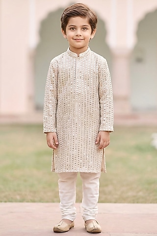 Ivory Cotton Silk Mirror Embellished Kurta Set For Boys by Ankit V kapoor Kids