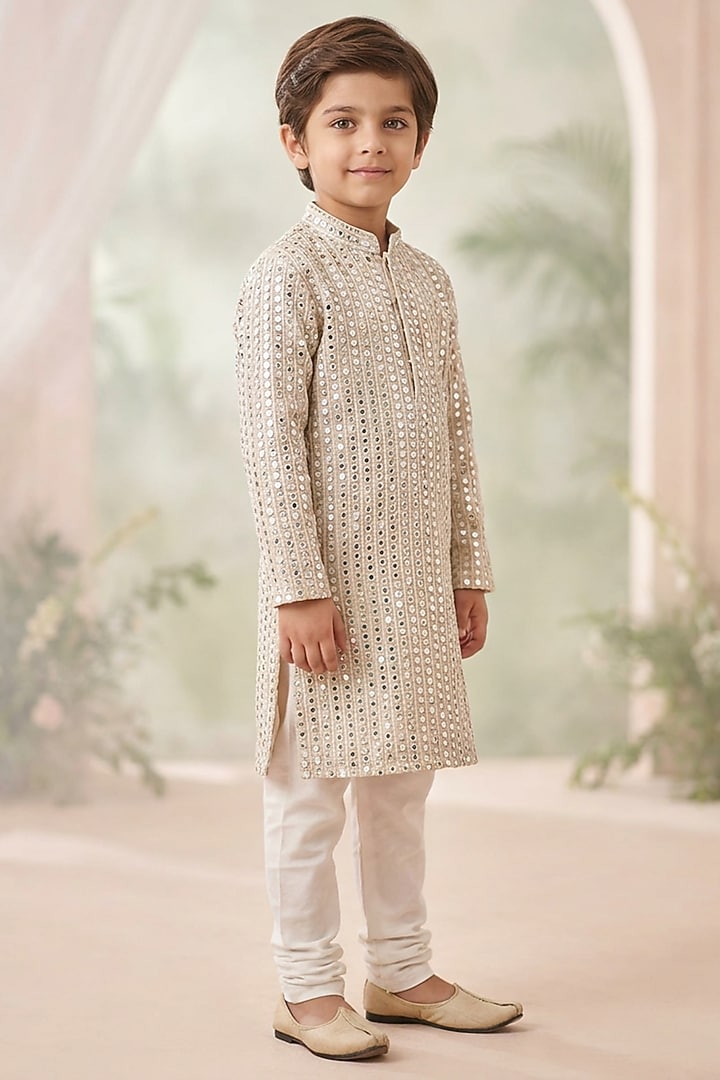 Ivory Cotton Silk Mirror Embellished Kurta Set For Boys by Ankit V kapoor Kids at Pernia's Pop Up Shop