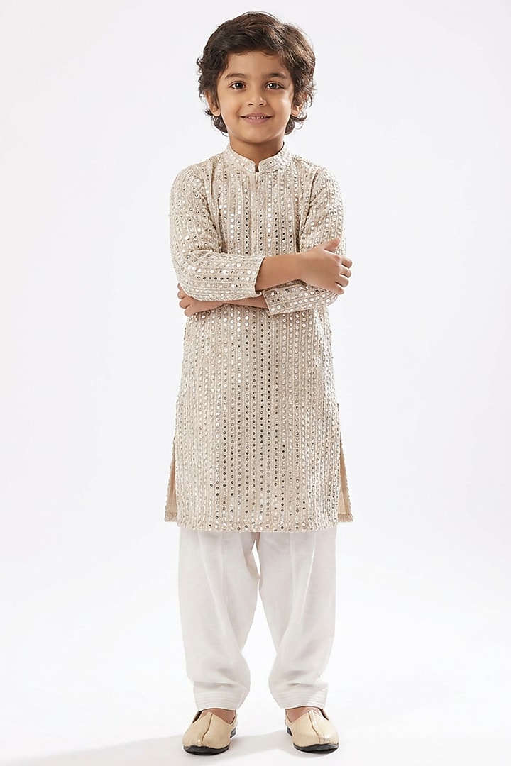 Ivory Cotton Silk Mirror Embellished Kurta Set For Boys by Ankit V kapoor Kids at Pernia's Pop Up Shop