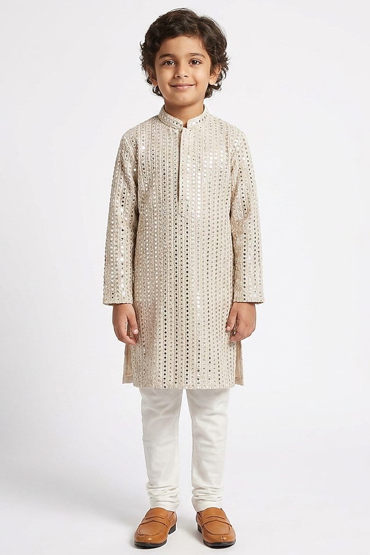 Ivory Cotton Silk Mirror Embellished Kurta Set For Boys by Ankit V kapoor Kids at Pernia's Pop Up Shop