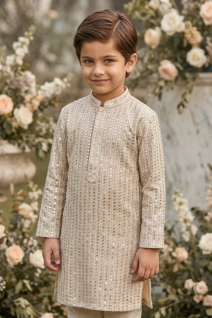 Ivory Cotton Silk Mirror Embellished Kurta Set For Boys by Ankit V kapoor Kids at Pernia's Pop Up Shop