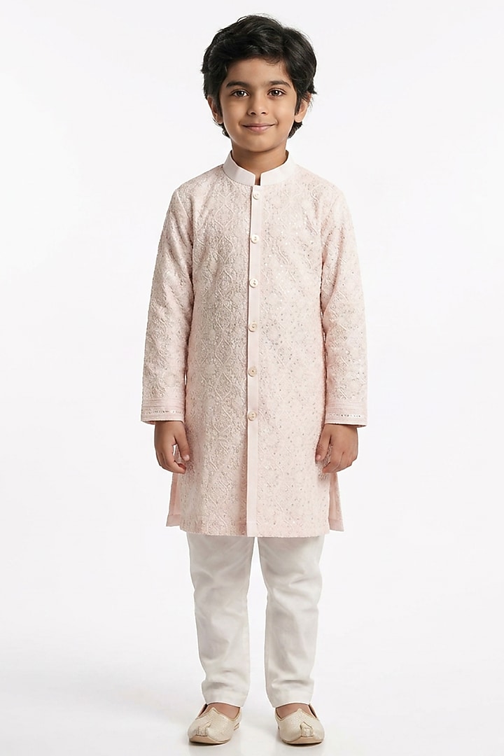 Blush Pink Cotton Silk Sequin Embellished Kurta Set For Boys by Ankit V kapoor Kids at Pernia's Pop Up Shop