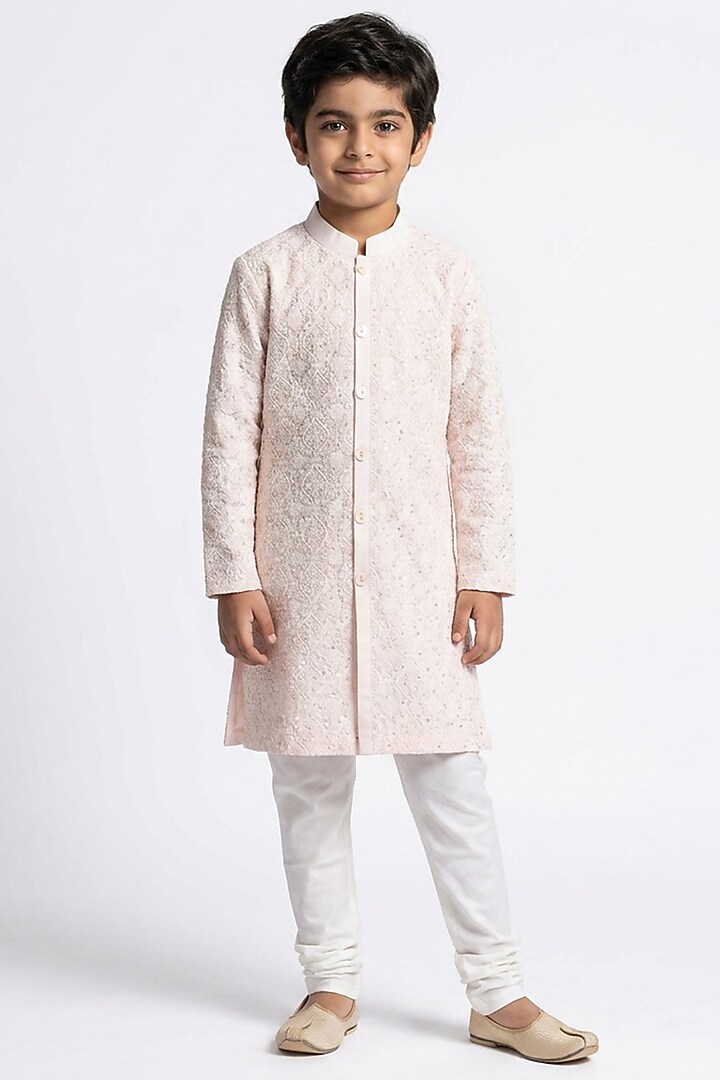 Blush Pink Cotton Silk Sequin Embellished Kurta Set For Boys by Ankit V kapoor Kids at Pernia's Pop Up Shop