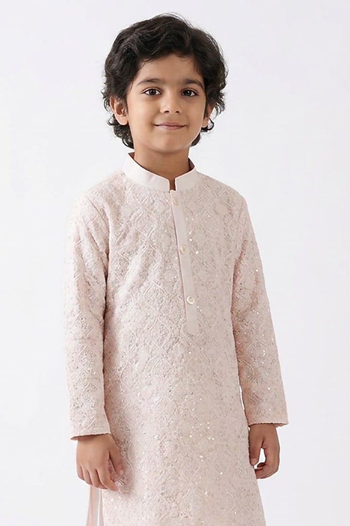 Blush Pink Cotton Silk Sequin Embellished Kurta Set For Boys by Ankit V kapoor Kids at Pernia's Pop Up Shop