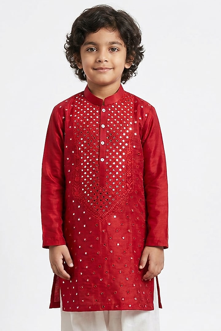 Red Cotton Silk Mirror Embellished Kurta Set For Boys by Ankit V kapoor Kids at Pernia's Pop Up Shop