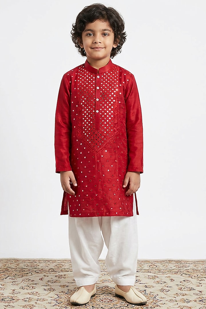 Red Cotton Silk Mirror Embellished Kurta Set For Boys by Ankit V kapoor Kids at Pernia's Pop Up Shop