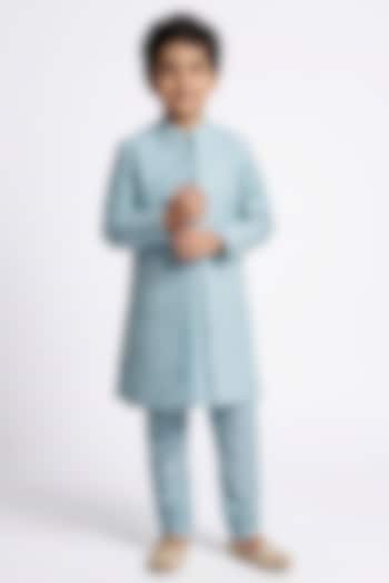Powder Blue Cotton Silk Floral Embroidered Indowestern Set For Boys by Ankit V kapoor Kids at Pernia's Pop Up Shop