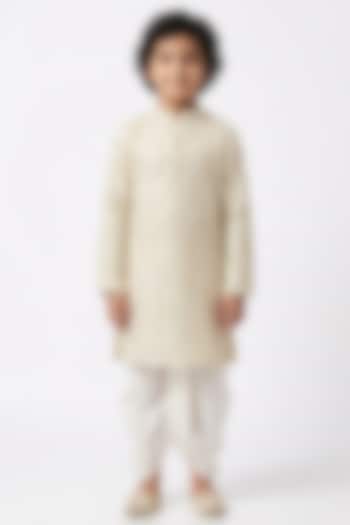 Beige Cotton Silk Mirror Embellished Kurta Set For Boys by Ankit V kapoor Kids at Pernia's Pop Up Shop