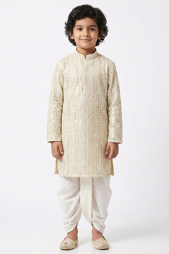 Beige Cotton Silk Mirror Embellished Kurta Set For Boys by Ankit V kapoor Kids at Pernia's Pop Up Shop