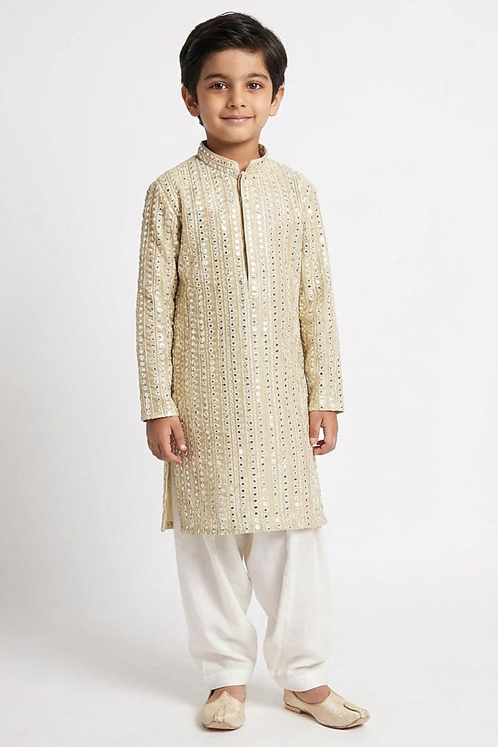 Beige Cotton Silk Mirror Embellished Kurta Set For Boys by Ankit V kapoor Kids at Pernia's Pop Up Shop