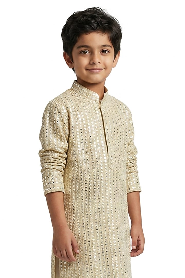 Beige Cotton Silk Mirror Embellished Kurta Set For Boys by Ankit V kapoor Kids at Pernia's Pop Up Shop
