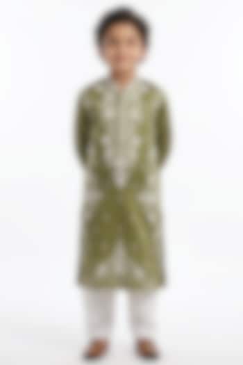 Olive Green Cotton Silk Floral Embellished Kurta Set For Boys by Ankit V kapoor Kids at Pernia's Pop Up Shop