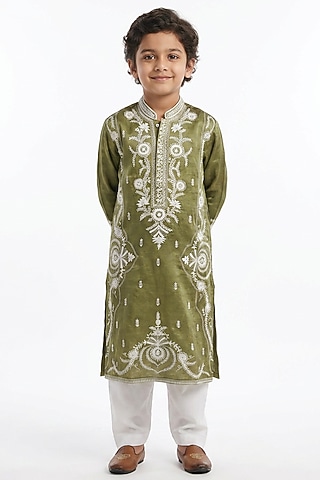 Olive Green Cotton Silk Floral Embellished Kurta Set For Boys by Ankit V kapoor Kids