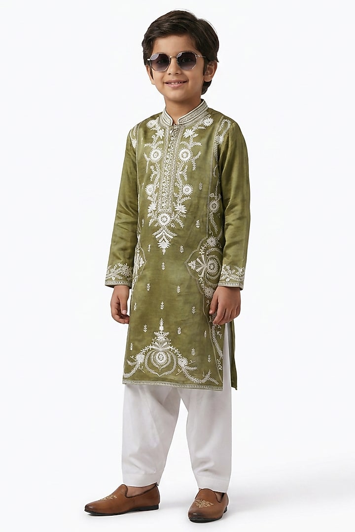 Olive Green Cotton Silk Floral Embellished Kurta Set For Boys by Ankit V kapoor Kids at Pernia's Pop Up Shop