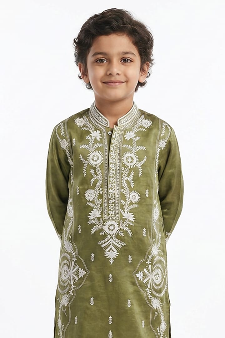 Olive Green Cotton Silk Floral Embellished Kurta Set For Boys by Ankit V kapoor Kids at Pernia's Pop Up Shop
