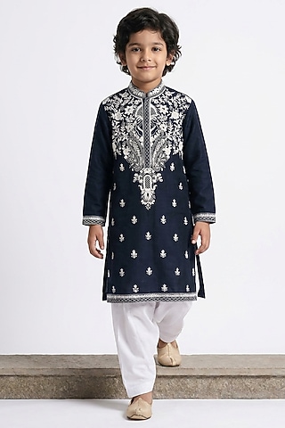 Navy Blue Cotton Silk Floral Embellished Kurta Set For Boys by Ankit V kapoor Kids