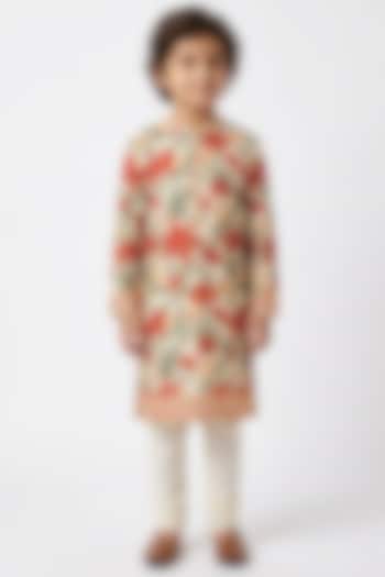 Cream Cotton Silk Floral Printed Kurta Set For Boys by Ankit V kapoor Kids at Pernia's Pop Up Shop