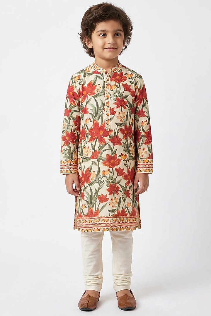 Cream Cotton Silk Floral Printed Kurta Set For Boys by Ankit V kapoor Kids at Pernia's Pop Up Shop