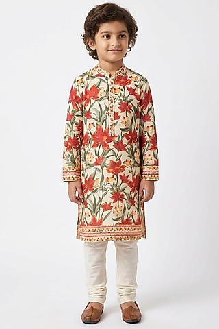 Cream Cotton Silk Floral Printed Kurta Set For Boys by Ankit V kapoor Kids