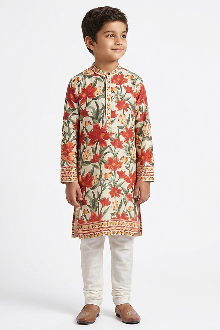 Cream Cotton Silk Floral Printed Kurta Set For Boys by Ankit V kapoor Kids at Pernia's Pop Up Shop