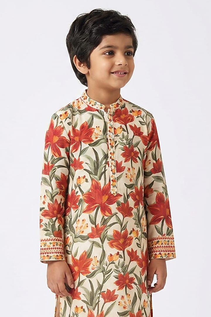 Cream Cotton Silk Floral Printed Kurta Set For Boys by Ankit V kapoor Kids at Pernia's Pop Up Shop