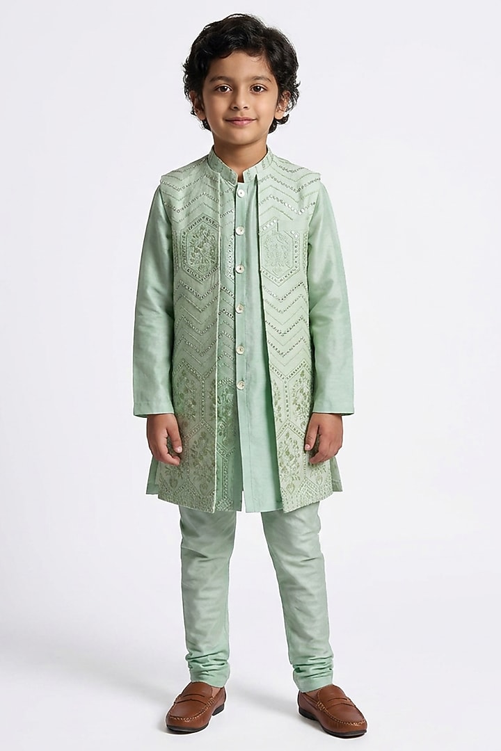 Mint Green Cotton Silk Floral Embroidered Nehru Jacket Set For Boys by Ankit V kapoor Kids at Pernia's Pop Up Shop